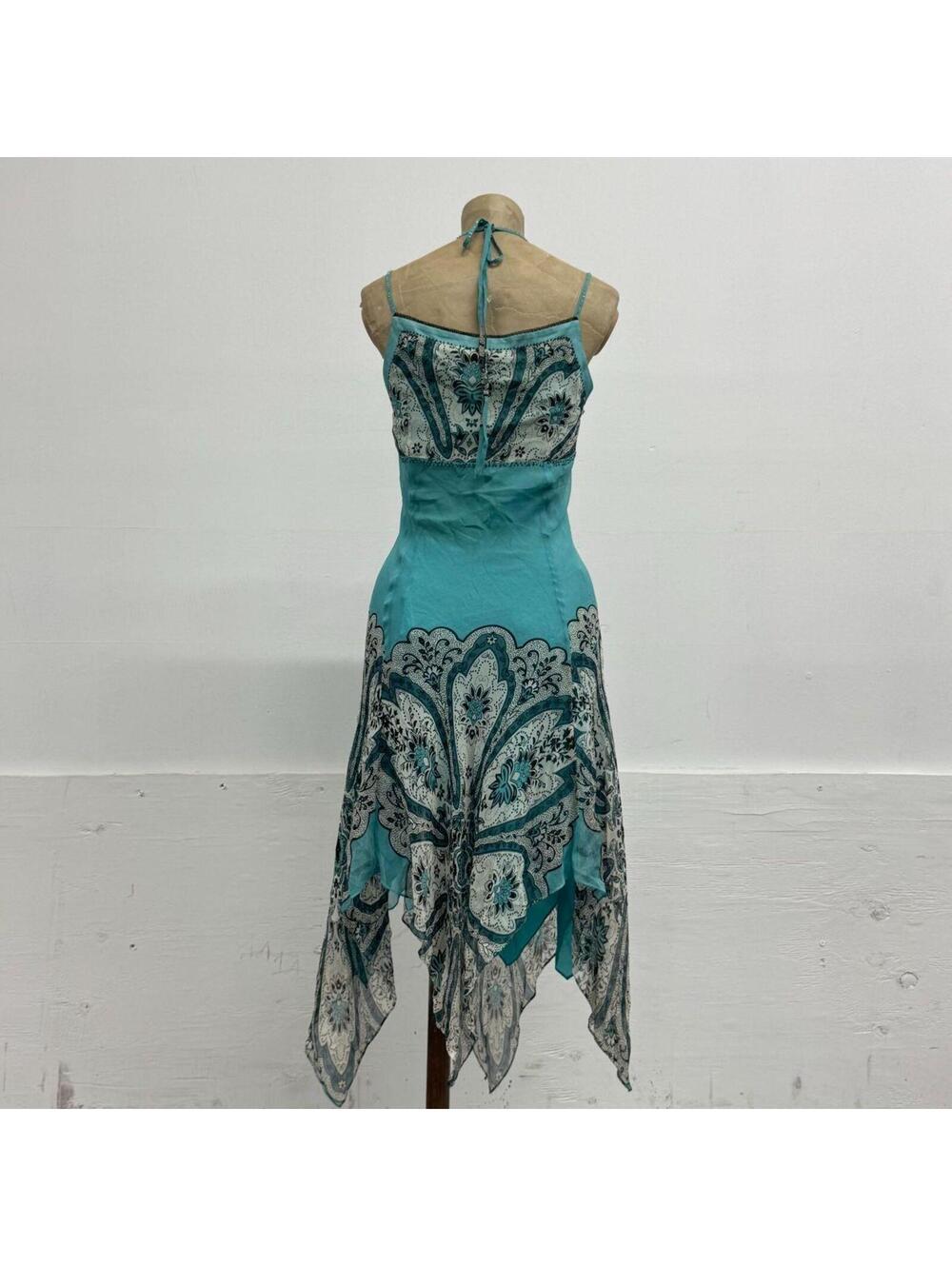 Vintage Y2K Blue Cocoon Beaded Mulberry Silk Handkerchief Fairy Dress - Picture 5 of 8